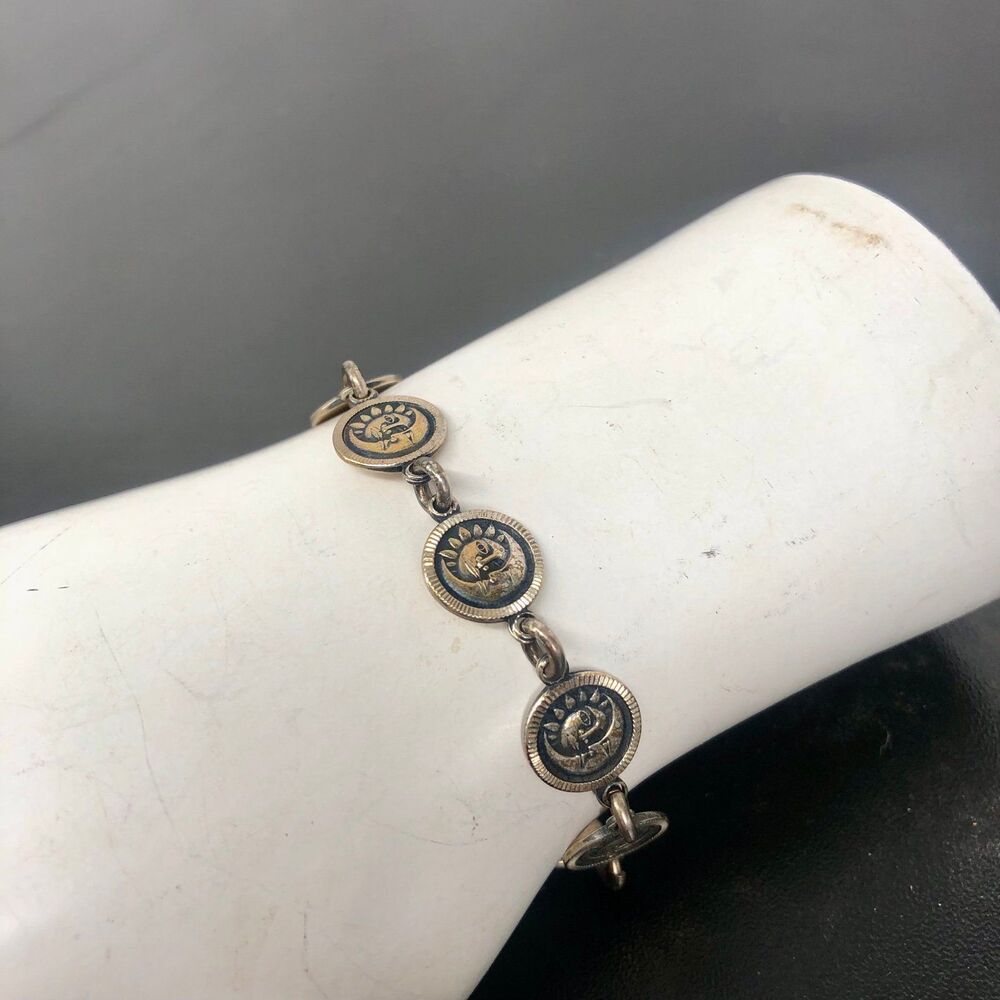 Vintage Sterling Celestial Sun And Moon Coin Bracelet Size 7 Mexico